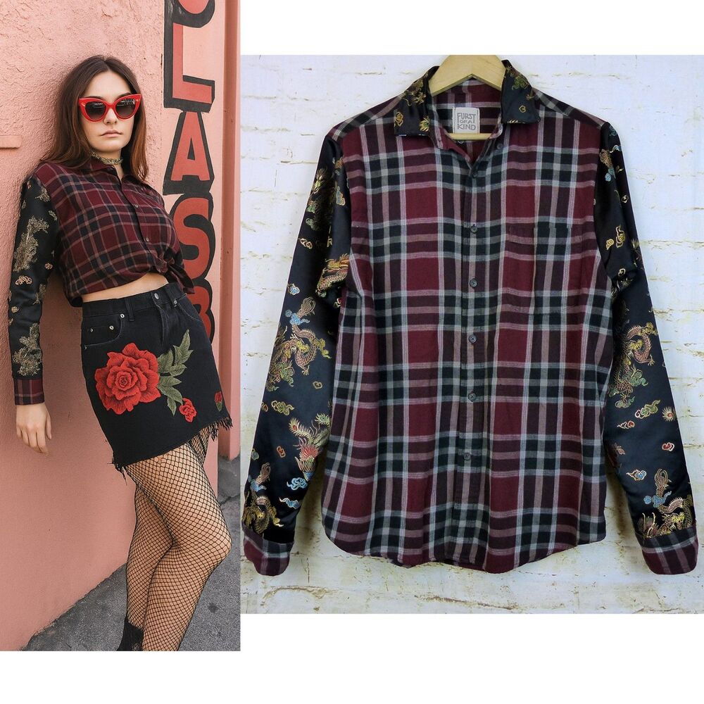 Furst of A Kind Shirt L/XL Plaid Flannel Dragon Satin Sleeves Mixed Media Button